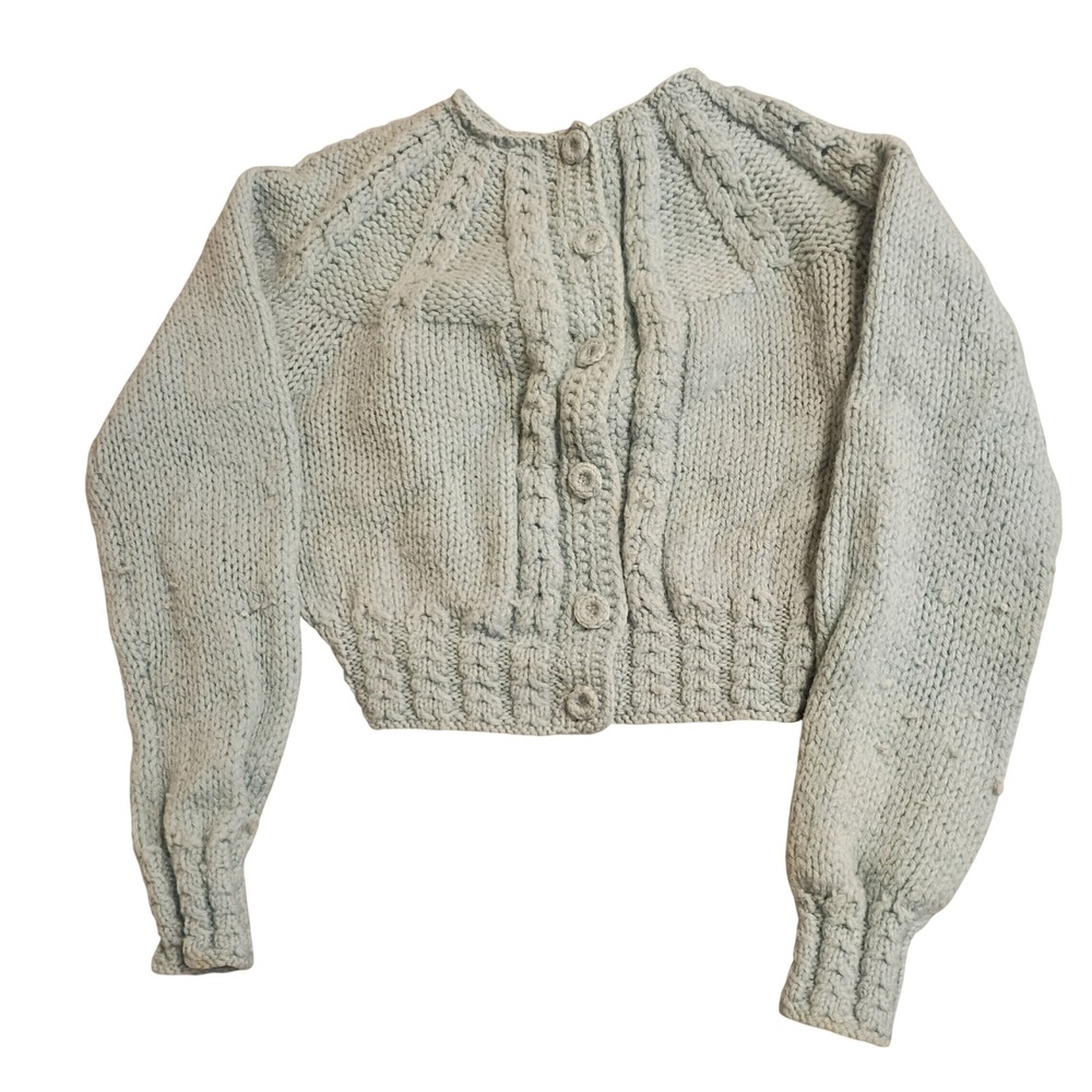 Handmade Cropped Cardigan Womens Small Baby Blue Chunky Cable Knit Vintage
